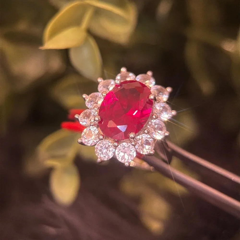 Sterling Silver Ruby/Cz Flower‎ Ring